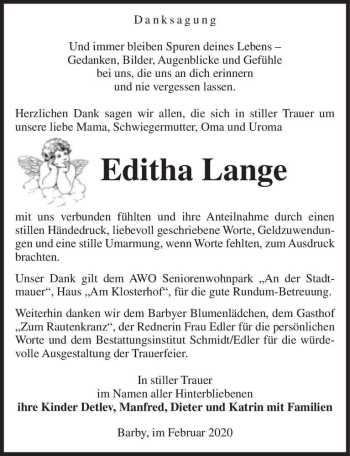 Traueranzeige von Editha Lange  von Magdeburger Volksstimme