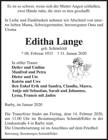 Traueranzeige von Editha Lange (geb. Schönfeldt)  von Magdeburger Volksstimme