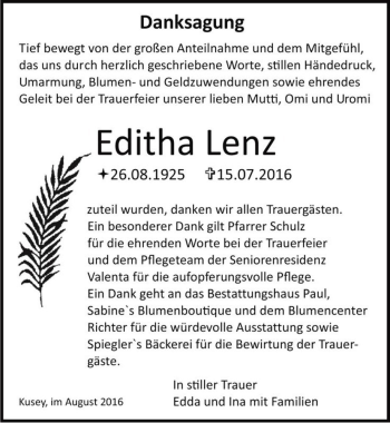 Traueranzeige von Editha Lenz  von Magdeburger Volksstimme