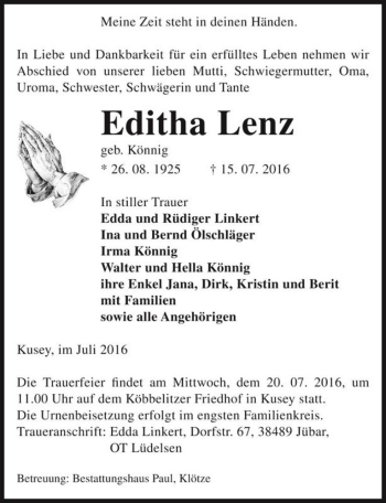 Traueranzeige von Editha Lenz (geb. Könnig)  von Magdeburger Volksstimme