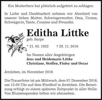 Traueranzeige von Editha Littke (geb. Sarpe)  von Magdeburger Volksstimme