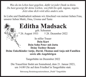 Traueranzeige von Editha Madsack (geb. Schramm)  von Magdeburger Volksstimme