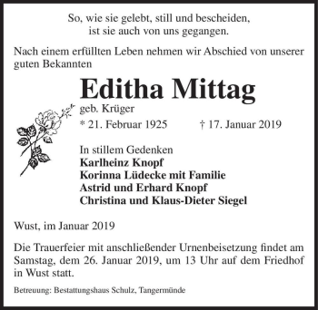 Traueranzeige von Editha Mittag (geb. Krüger)  von Magdeburger Volksstimme
