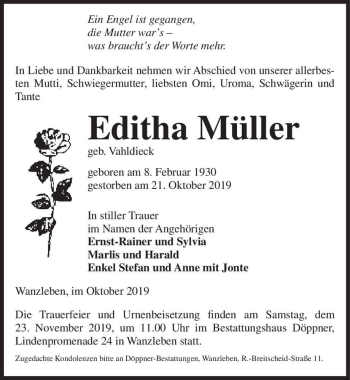 Traueranzeige von Editha Müller (geb. Vahldieck)  von Magdeburger Volksstimme