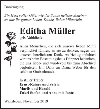 Traueranzeige von Editha Müller (geb. Vahldieck)  von Magdeburger Volksstimme