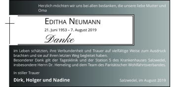 Traueranzeige von Editha Neumann  von Magdeburger Volksstimme