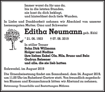 Traueranzeige von Editha Neumann (geb. Kühl)  von Magdeburger Volksstimme