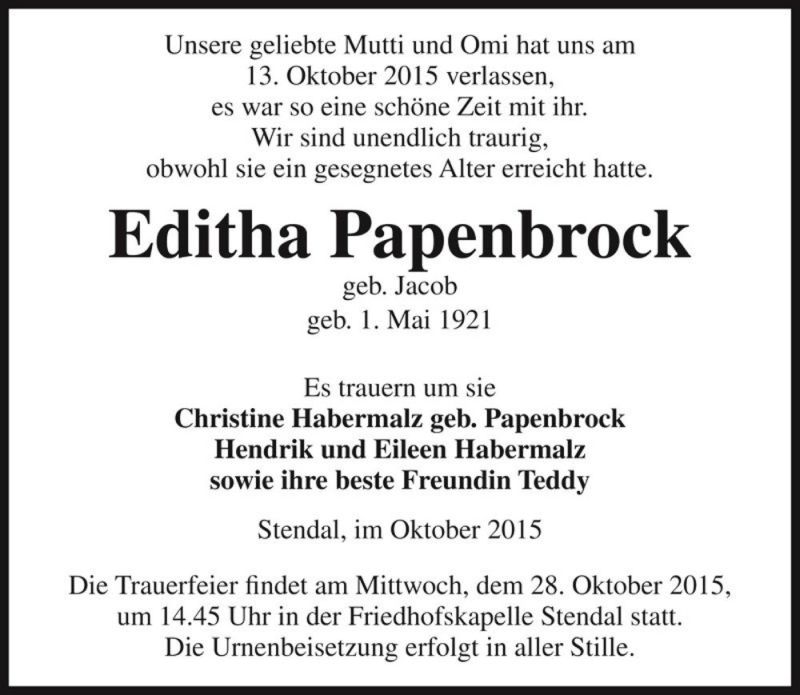  Traueranzeige für Editha Papenbrock (geb. Jacob)  vom 21.10.2015 aus Magdeburger Volksstimme