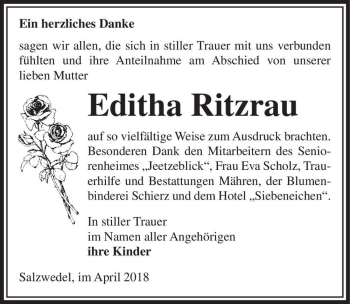 Traueranzeige von Editha Ritzrau  von Magdeburger Volksstimme