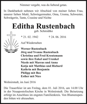 Traueranzeige von Editha Rustenbach (geb. Schmidtke)  von Magdeburger Volksstimme