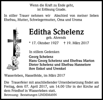 Traueranzeige von Editha Schelenz (geb. Ahrends)  von Magdeburger Volksstimme