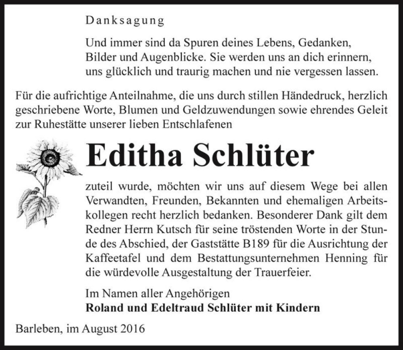  Traueranzeige für Editha Schlüter  vom 02.09.2016 aus Magdeburger Volksstimme