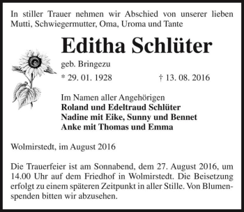 Traueranzeige von Editha Schlüter (geb. Bringezu)  von Magdeburger Volksstimme