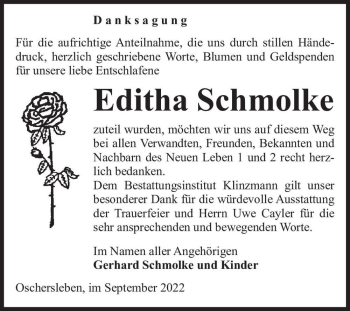 Traueranzeige von Editha Schmolke  von Magdeburger Volksstimme