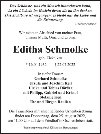Traueranzeige von Editha Schmolke (geb. Zickelkau)  von Magdeburger Volksstimme