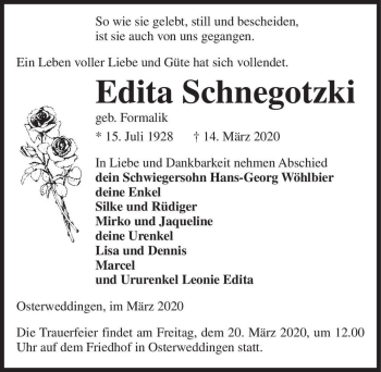Traueranzeige von Editha Schnegotzki (geb. Formalik)  von Magdeburger Volksstimme