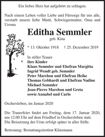 Traueranzeige von Editha Semmler (geb. Kina)  von Magdeburger Volksstimme