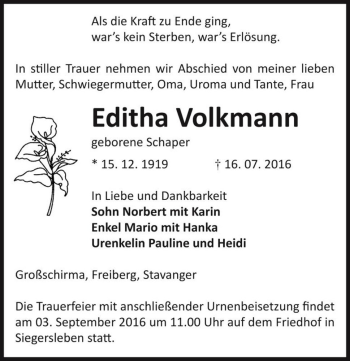 Traueranzeige von Editha Volkmann (geb. Schaper)  von Magdeburger Volksstimme