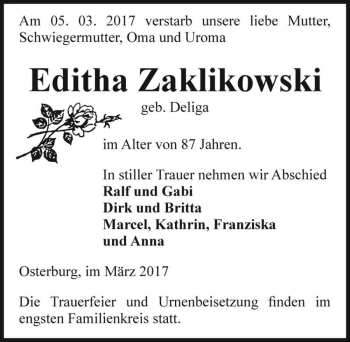 Traueranzeige von Editha Zaklikowski (geb. Deliga)  von Magdeburger Volksstimme