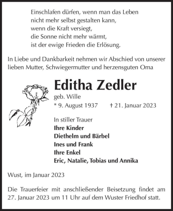 Traueranzeige von Editha Zedler (geb. Wille)  von Magdeburger Volksstimme