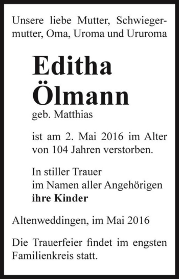 Traueranzeige von Editha Ölmann  von Magdeburger Volksstimme