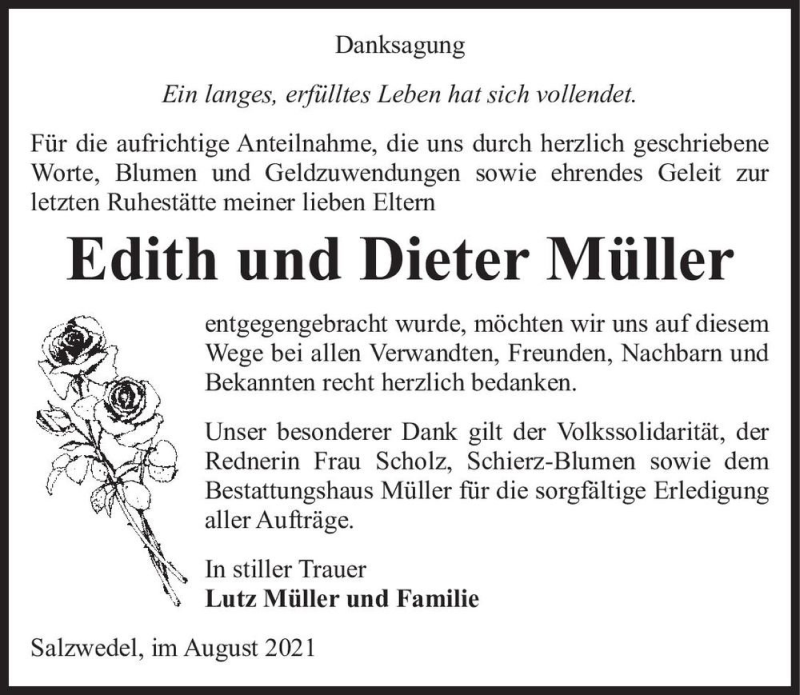  Traueranzeige für Edith und Dieter Müller  vom 21.08.2021 aus Magdeburger Volksstimme