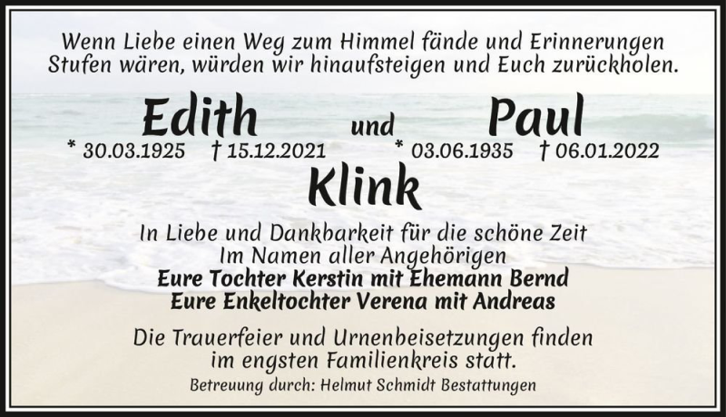  Traueranzeige für Edith und Paul Klink  vom 15.01.2022 aus Magdeburger Volksstimme