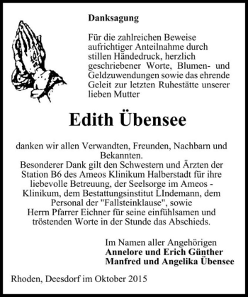 Traueranzeige von Edith Übensee  von Magdeburger Volksstimme