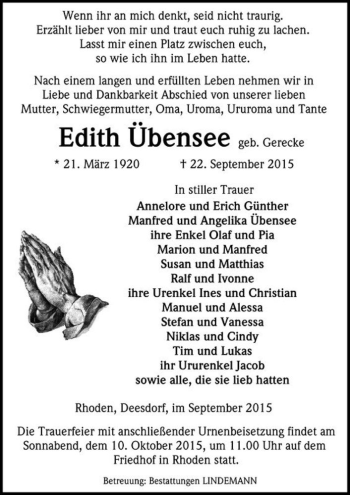 Traueranzeige von Edith Übensee (geb. Gerecke)  von Magdeburger Volksstimme
