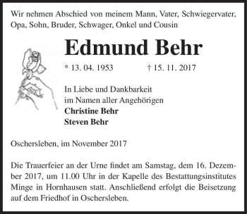 Traueranzeige von Edmund Behr  von Magdeburger Volksstimme