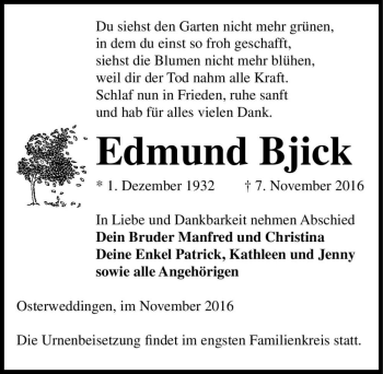 Traueranzeige von Edmund Bjick  von Magdeburger Volksstimme