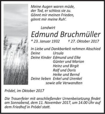 Traueranzeige von Edmund Bruchmüller  von Magdeburger Volksstimme