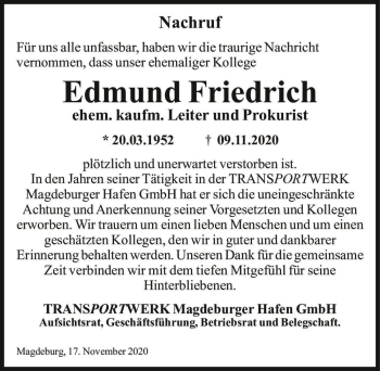 Traueranzeige von Edmund Friedrich  von Magdeburger Volksstimme