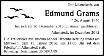 Traueranzeige von Edmund Grams  von Magdeburger Volksstimme