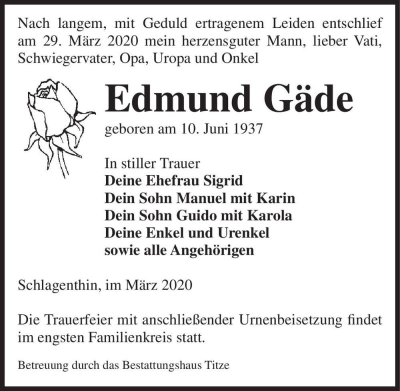  Traueranzeige für Edmund Gäde  vom 04.04.2020 aus Magdeburger Volksstimme