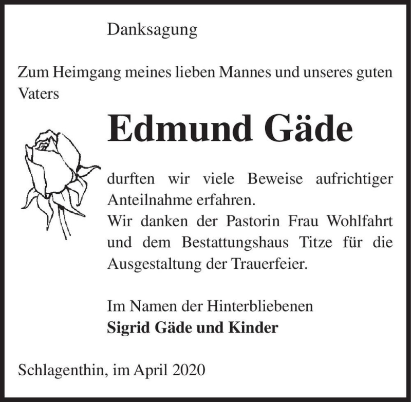  Traueranzeige für Edmund Gäde  vom 22.04.2020 aus Magdeburger Volksstimme