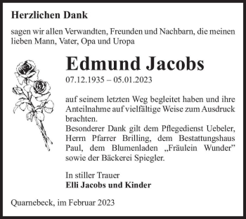 Traueranzeige von Edmund Jacobs  von Magdeburger Volksstimme