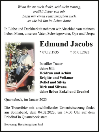 Traueranzeige von Edmund Jacobs  von Magdeburger Volksstimme