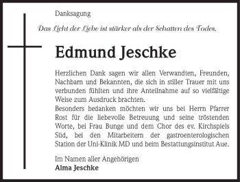 Traueranzeige von Edmund Jeschke  von Magdeburger Volksstimme