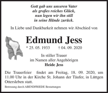 Traueranzeige von Edmund Jess  von Magdeburger Volksstimme