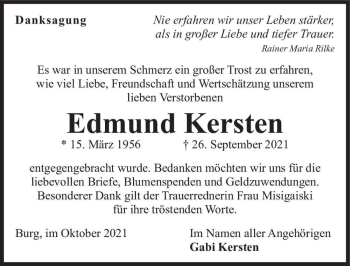 Traueranzeige von Edmund Kersten  von Magdeburger Volksstimme