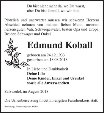 Traueranzeige von Edmund Koball  von Magdeburger Volksstimme