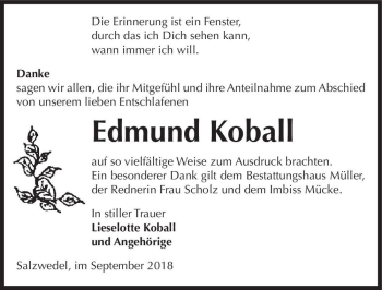 Traueranzeige von Edmund Koball  von Magdeburger Volksstimme