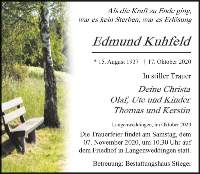  Traueranzeige für Edmund Kuhfeld  vom 30.10.2020 aus Magdeburger Volksstimme