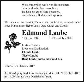 Traueranzeige von Edmund Laube  von Magdeburger Volksstimme