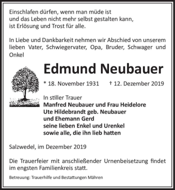 Traueranzeige von Edmund Neubauer  von Magdeburger Volksstimme