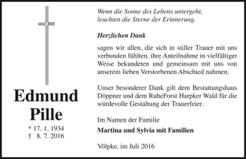 Traueranzeige von Edmund Pille  von Magdeburger Volksstimme