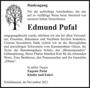 Traueranzeige von Edmund Pufal  von Magdeburger Volksstimme