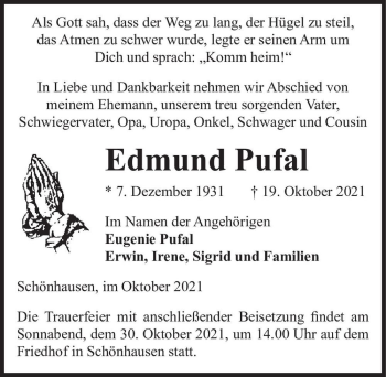 Traueranzeige von Edmund Pufal  von Magdeburger Volksstimme