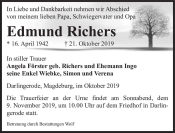 Traueranzeige von Edmund Richers  von Magdeburger Volksstimme